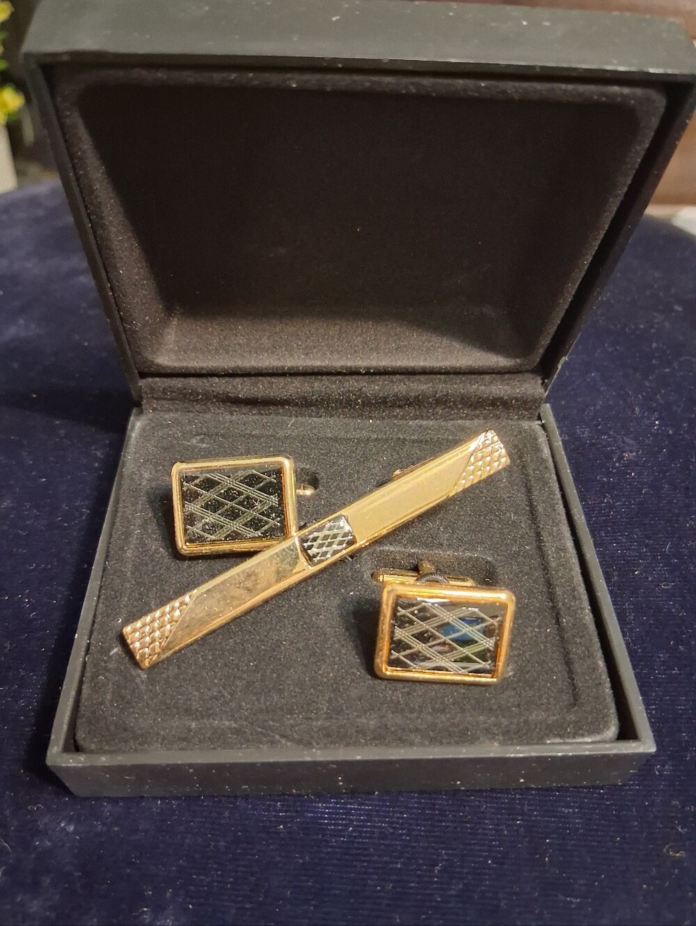 Gold-Tone Black Enamel Tie Bar and Cufflinks Set